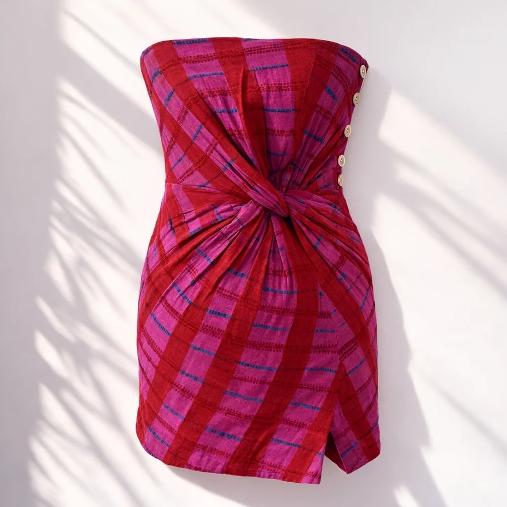Free People "Suits Me Fine" Mini Strapless Dress Pink Plaid Sz S Boho Y2K Spring - Picture 1 of 10